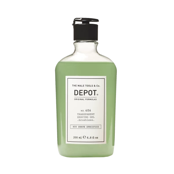 Nr. 406 TRANSPARENT SHAVING GEL brushless. Skaidri skutimosi želė. Naudojama be šepetėlio.