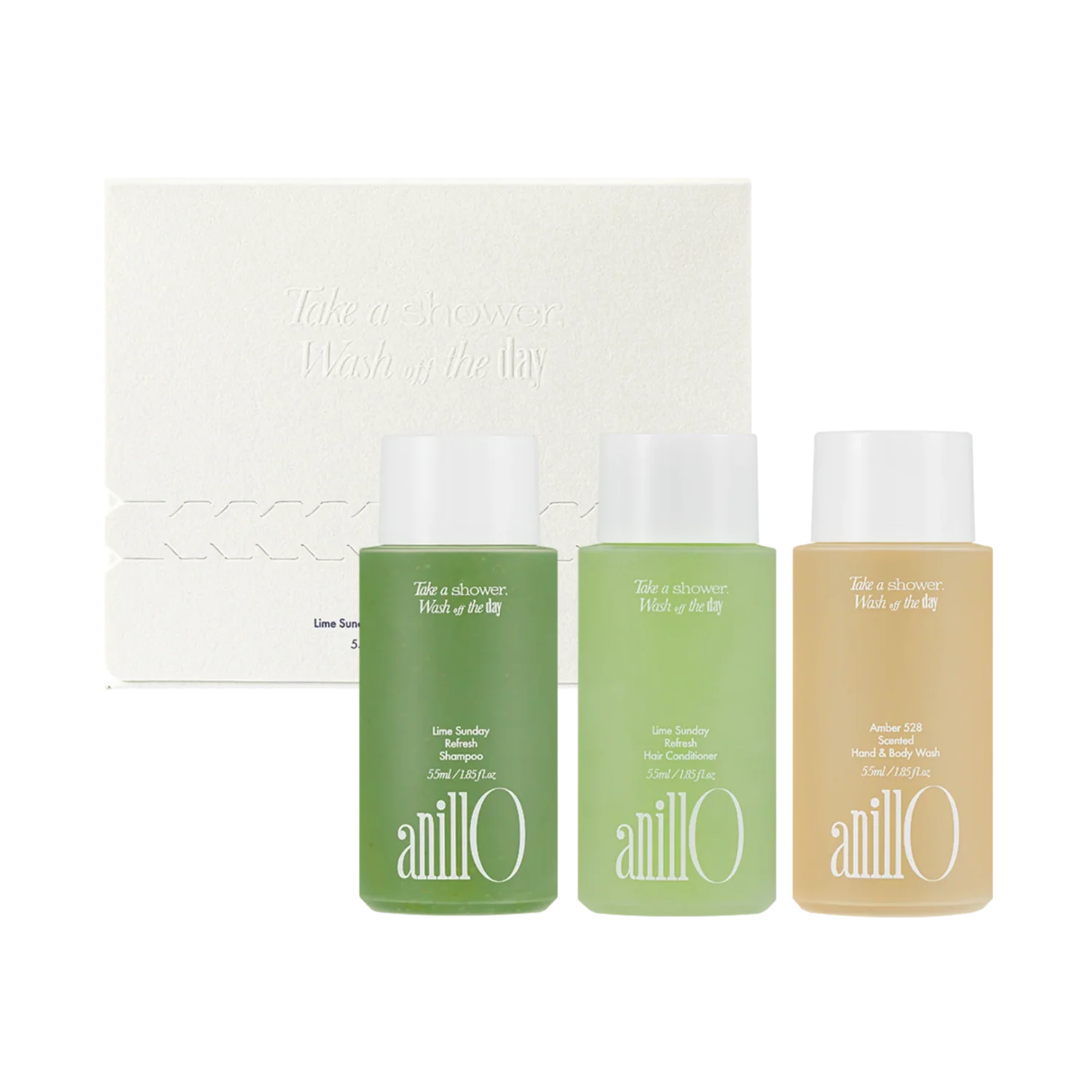 AnillO Lime Sunday & Amber528 Travel Shower Kit – kelioninis plaukų ir kūno priežiūros rinkinys