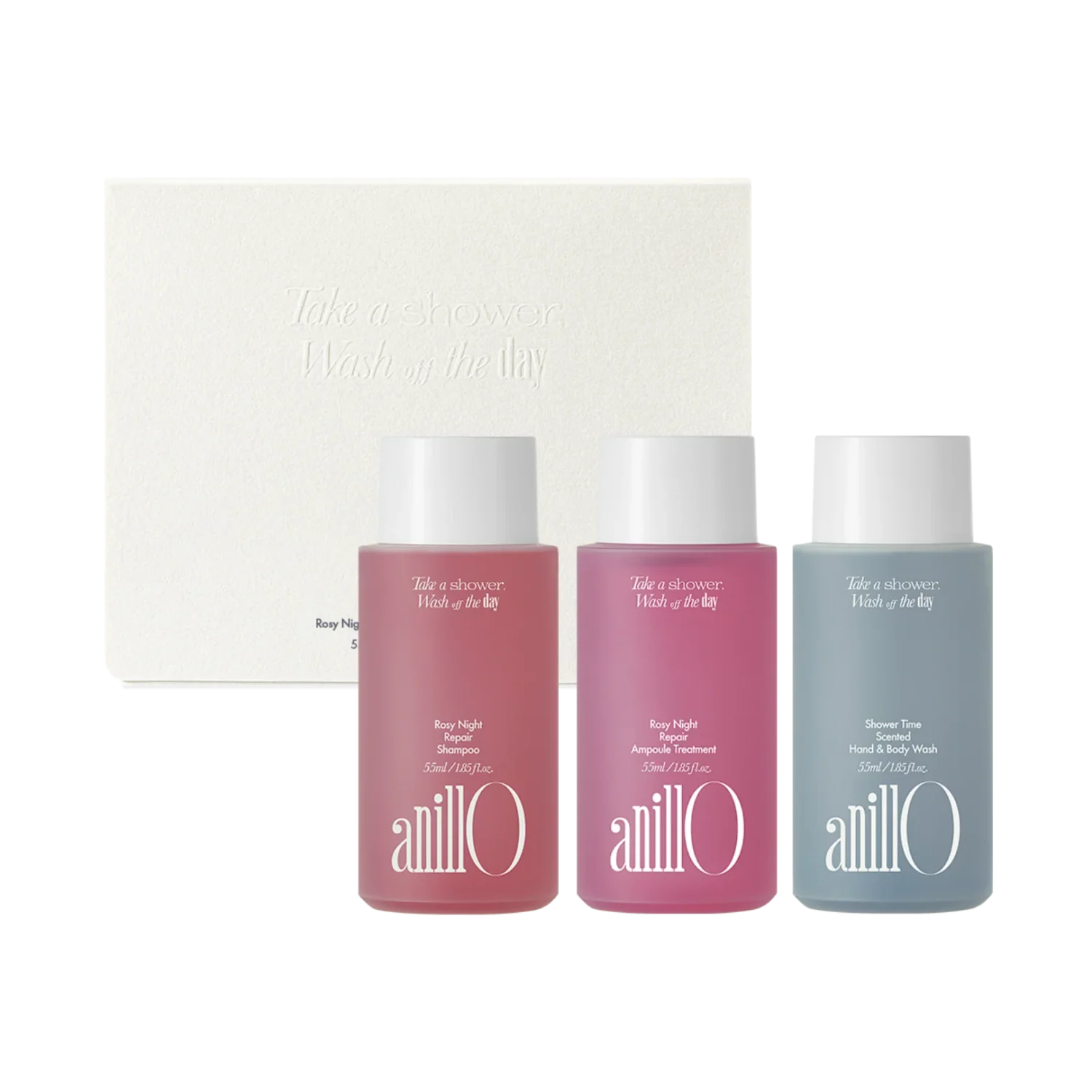AnillO Rosy Night & Shower Time Travel Shower Kit – kelioninis kūno ir plaukų priežiūros rinkinys
